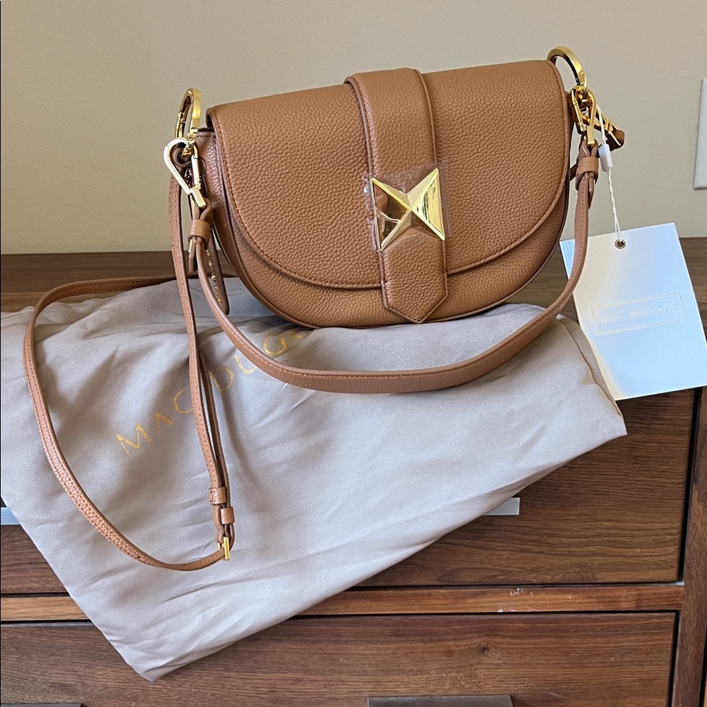 Mac Duggal Tan Crossbody Bag with Gold Details